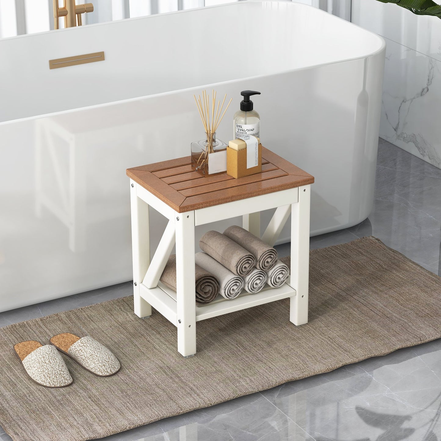 2-Tier Waterproof Shower Bench with Storage Shelf-Brown