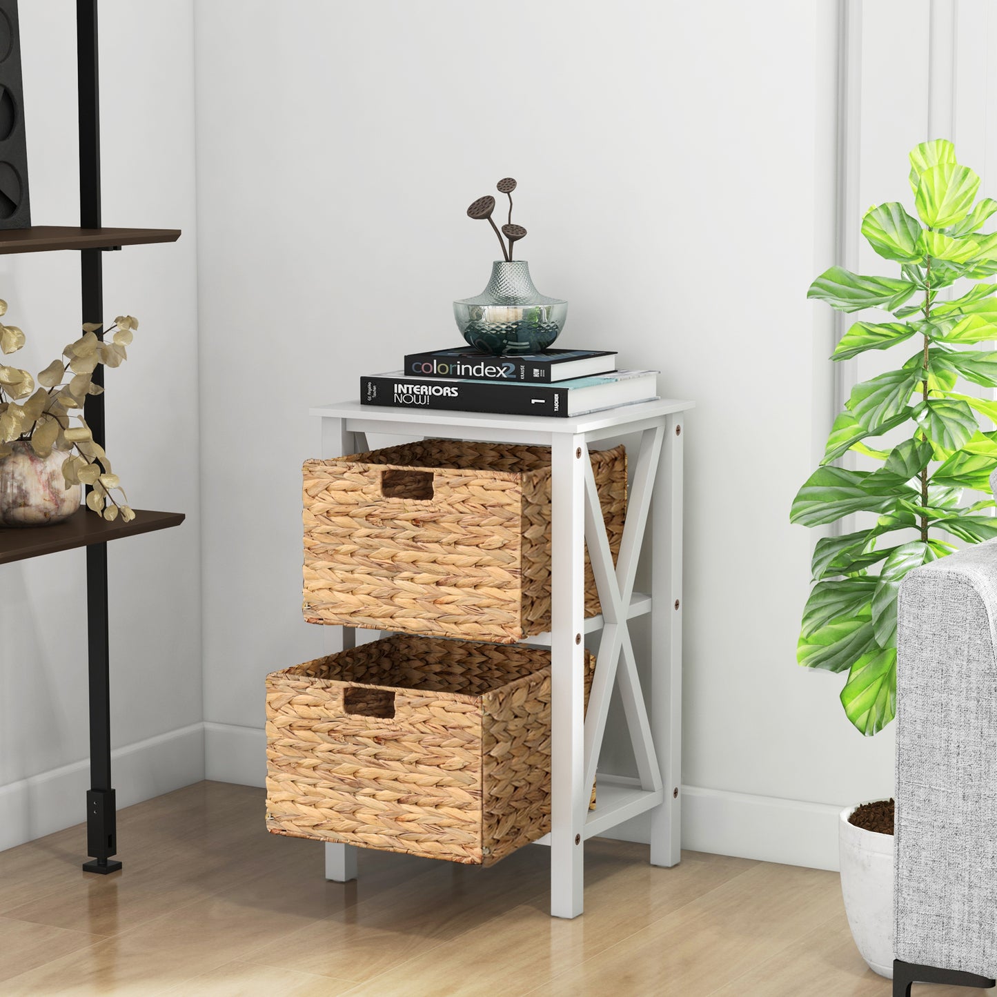 Sofa Side Table with Seagrass Baskets and Rubber Wood X-Shaped Frames and Acacia Wood Legs-Rustic Brown-2-Tier