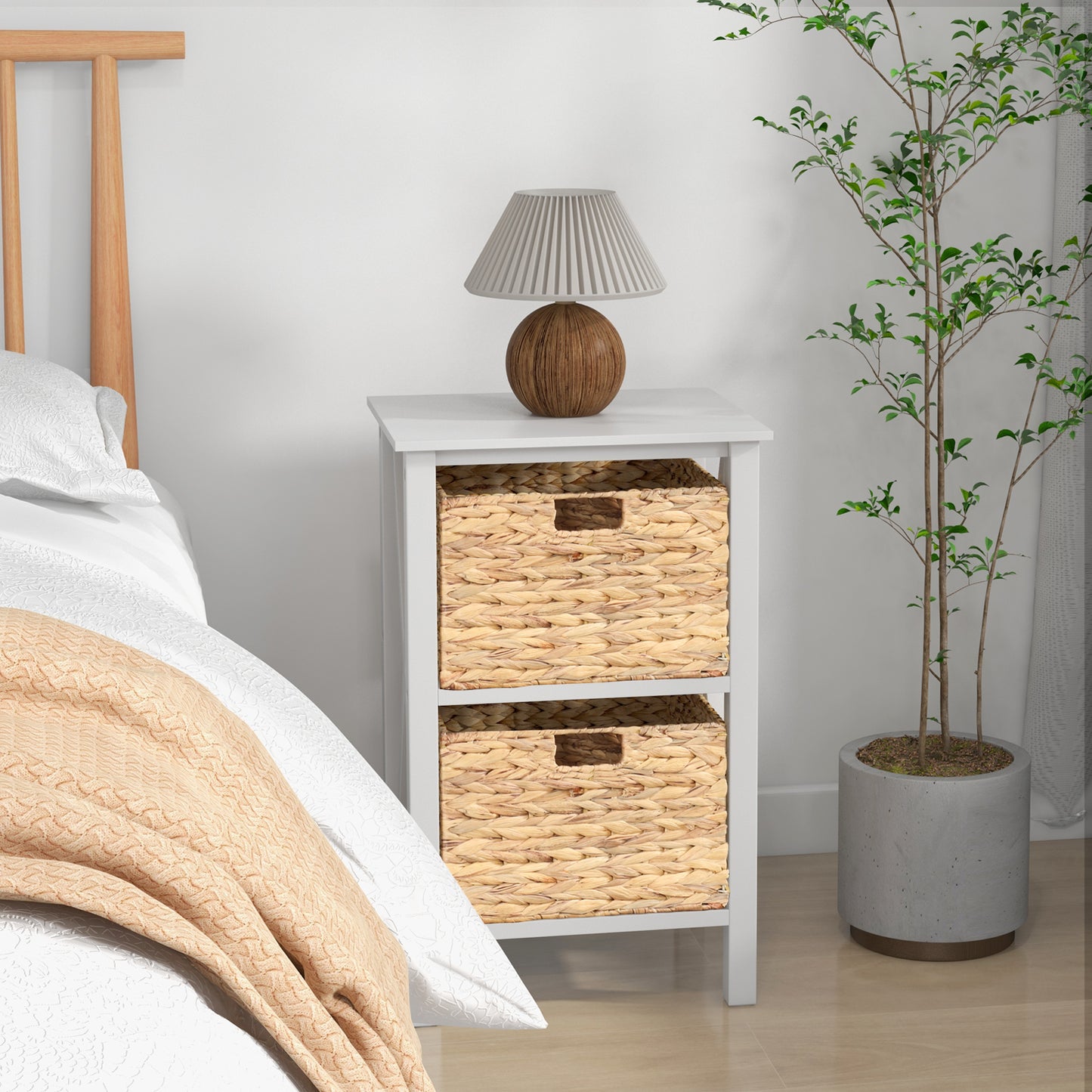 Sofa Side Table with Seagrass Baskets and Rubber Wood X-Shaped Frames and Acacia Wood Legs-Rustic Brown-2-Tier