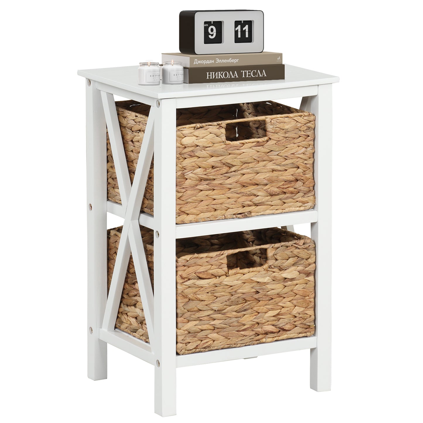 Sofa Side Table with Seagrass Baskets and Rubber Wood X-Shaped Frames and Acacia Wood Legs-Rustic Brown-2-Tier