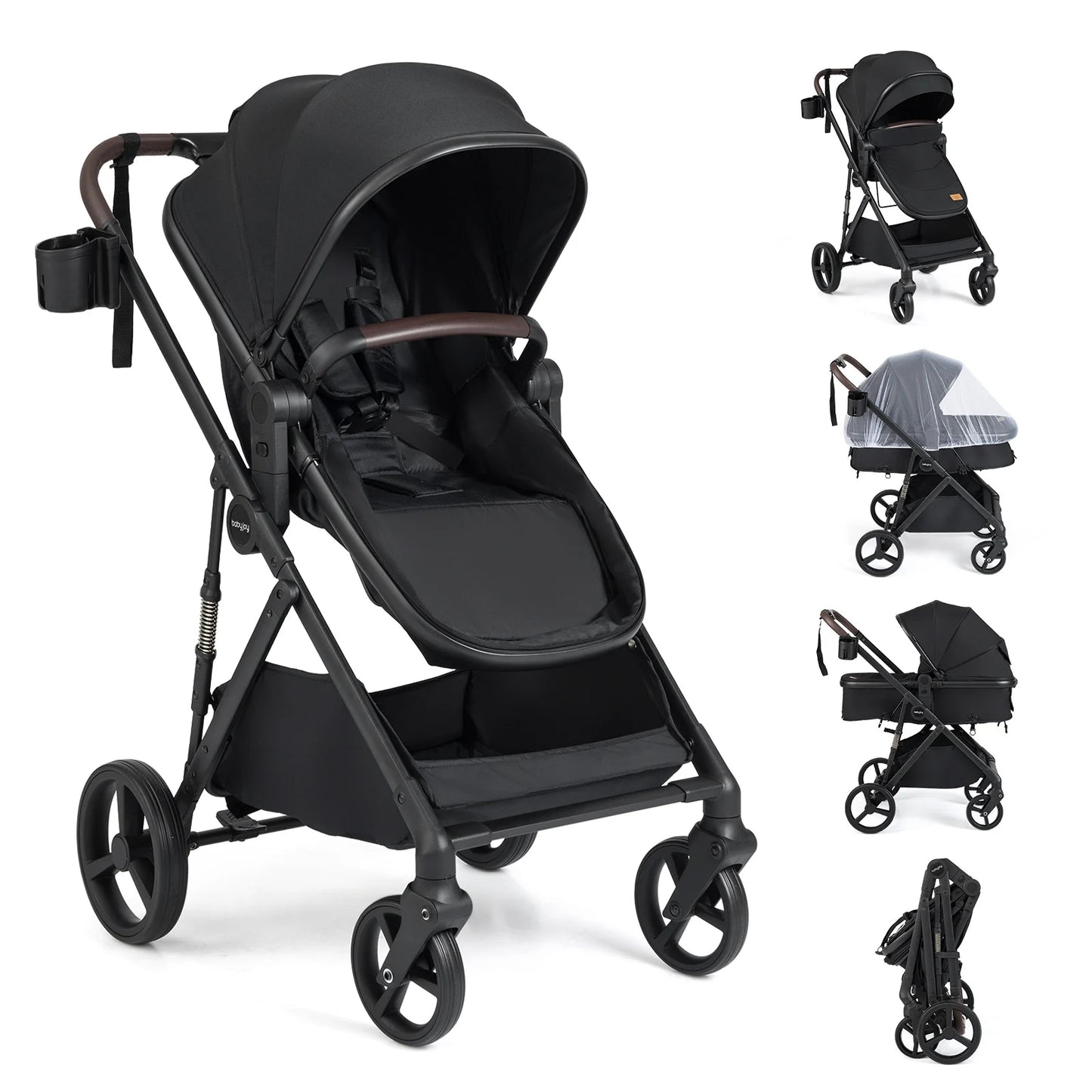 2 in 1 Baby Stroller Convertible High Landscape with Bassinet Mode Reversible Seat-Black