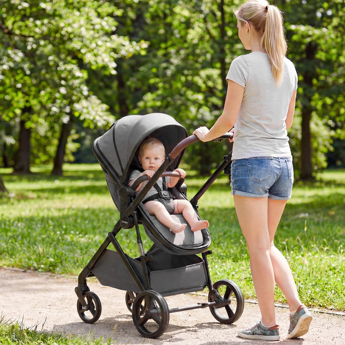 2 in 1 Baby Stroller Convertible High Landscape with Bassinet Mode Reversible Seat-Black