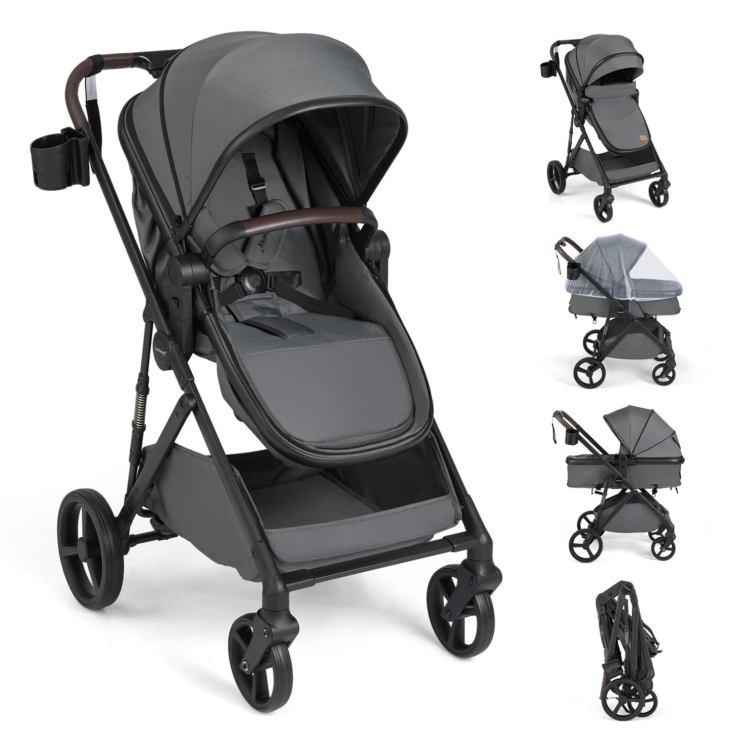 2 in 1 Baby Stroller Convertible High Landscape with Bassinet Mode Reversible Seat-Black