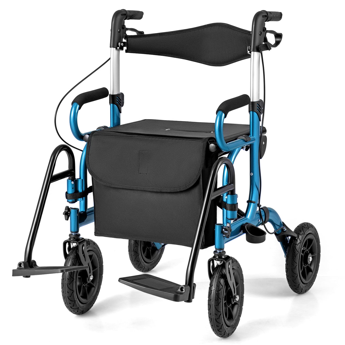 2-in-1 Foldable Rollator Walker with Seat and Pneumatic Tires for All Terrain-Black