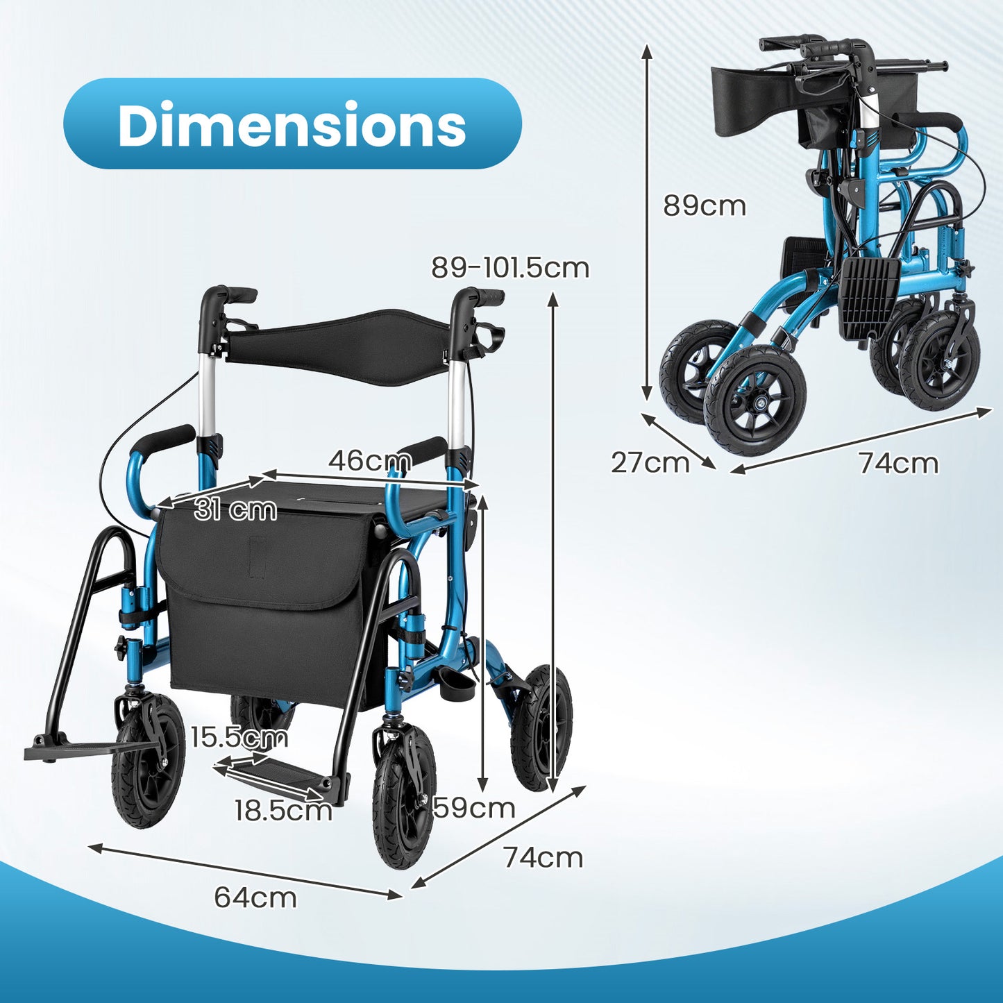 2-in-1 Foldable Rollator Walker with Seat and Pneumatic Tires for All Terrain-Black