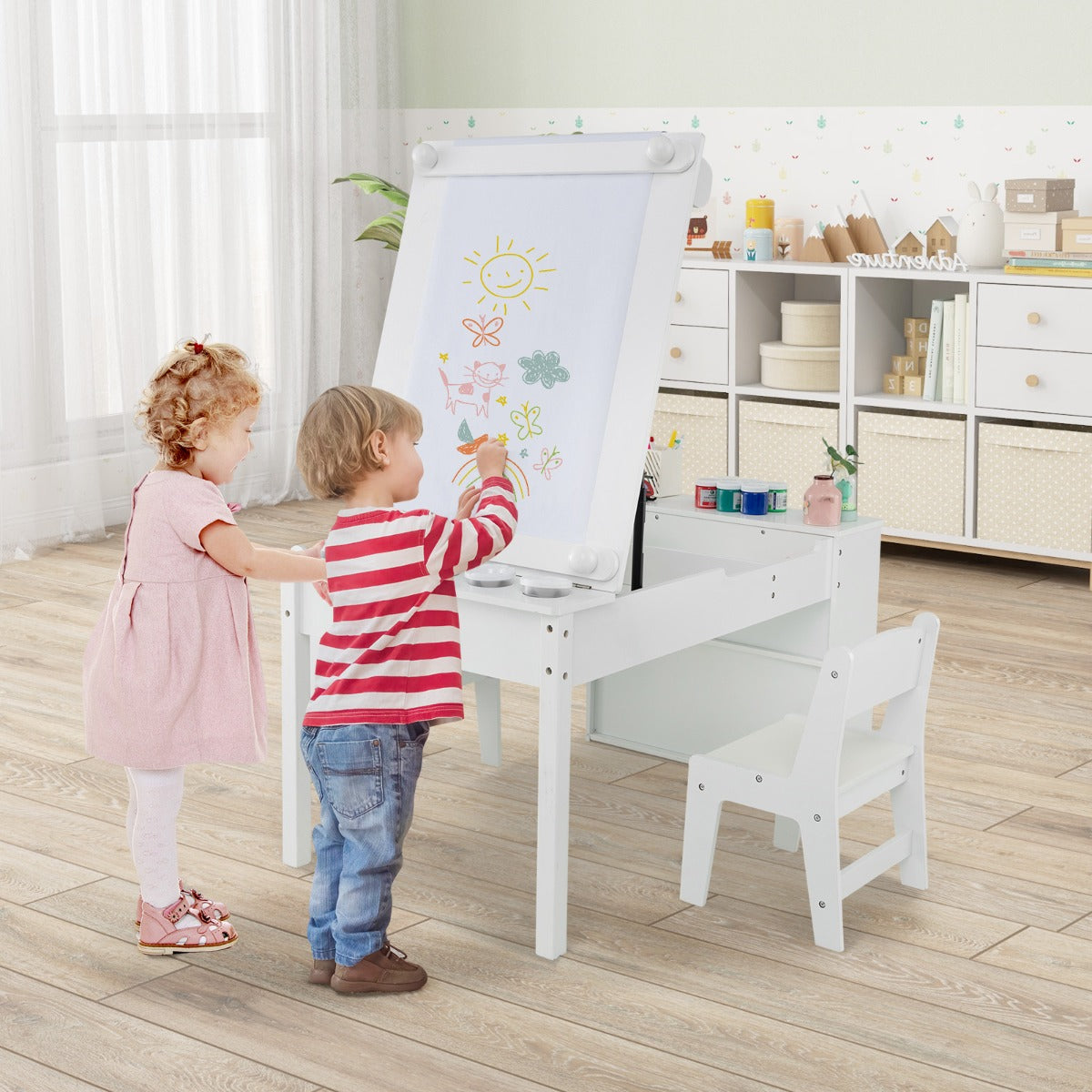 2-in-1 Kids Art Table and Art Easel Set with Chairs-Grey
