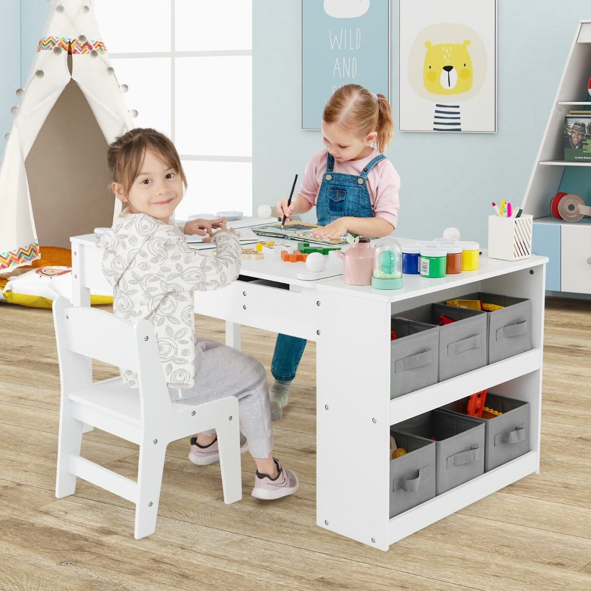 2-in-1 Kids Art Table and Art Easel Set with Chairs-Grey