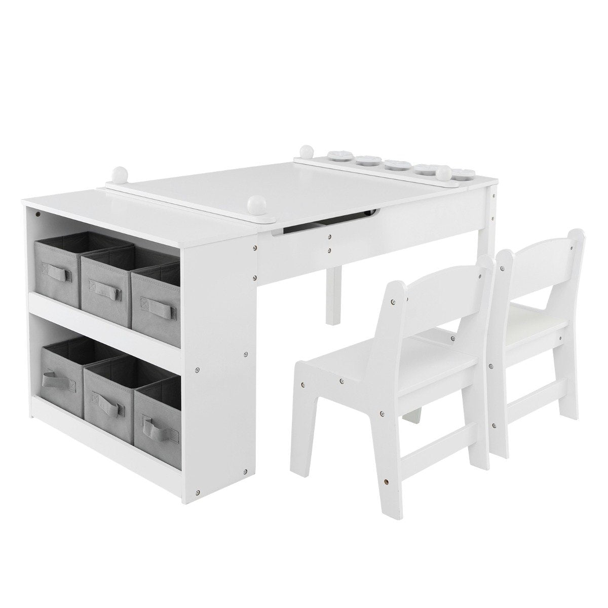 2-in-1 Kids Art Table and Art Easel Set with Chairs-Grey