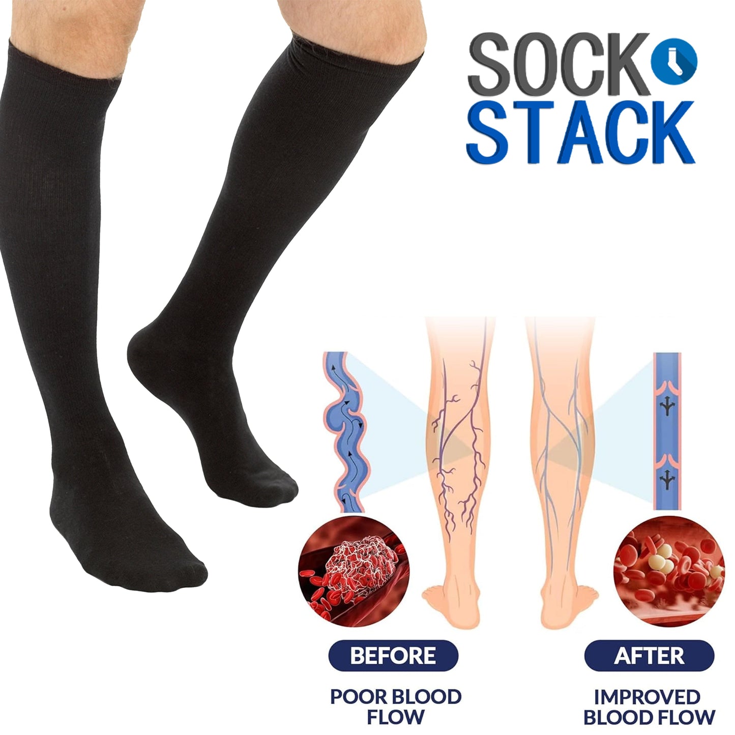 2 Pairs Unisex Travel Socks Black Long Knee High Breathable Flight Socks by Sock Stack