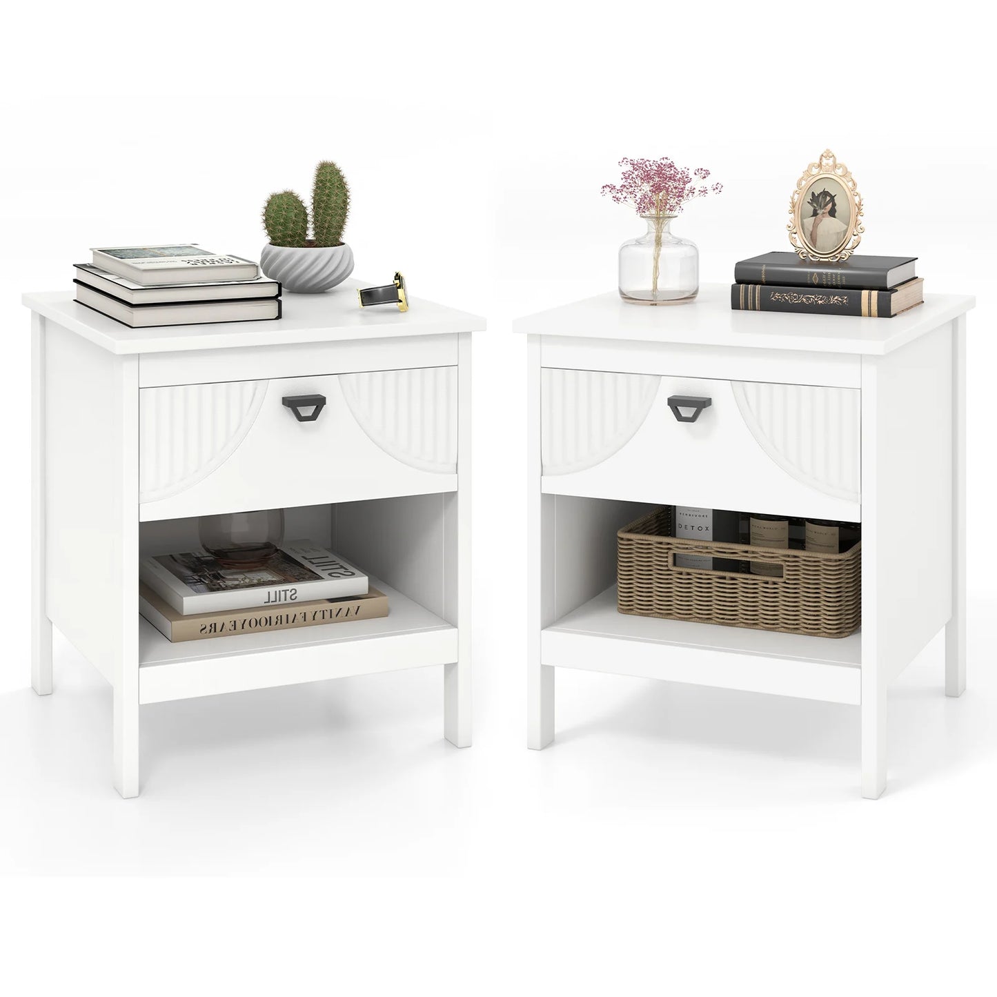 2-tier End Table Set of 2 with Drawer and Open Storage Shelf-White