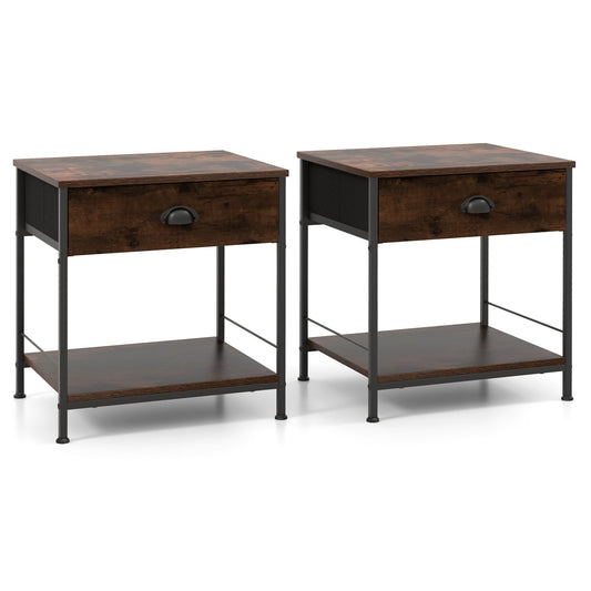 2-tier Nightstand Bedside End Sofa Coffee Table Set of 2 for Bedroom Living Room-Rustic Brown