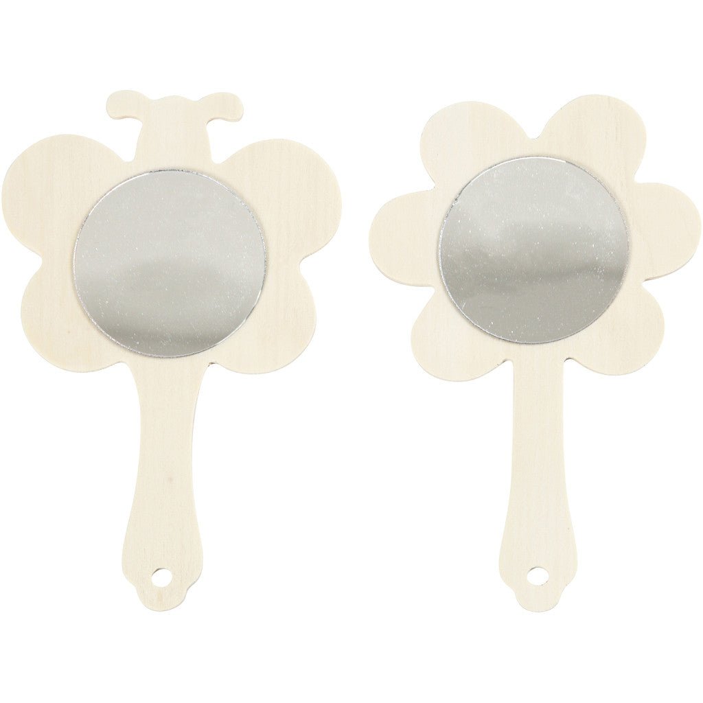 2 x Plywood Hand Frames With Mirrors Home Decoration Crafts W: 9 cm - Butterflies Flowers