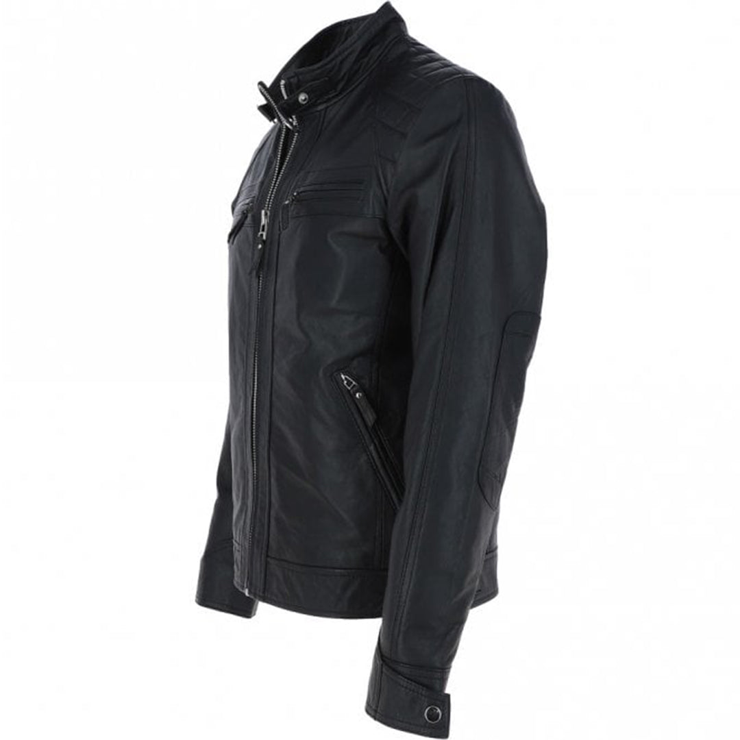Men's Motorcycle Leather Jacket, Multiple Zippered Pockets | Black