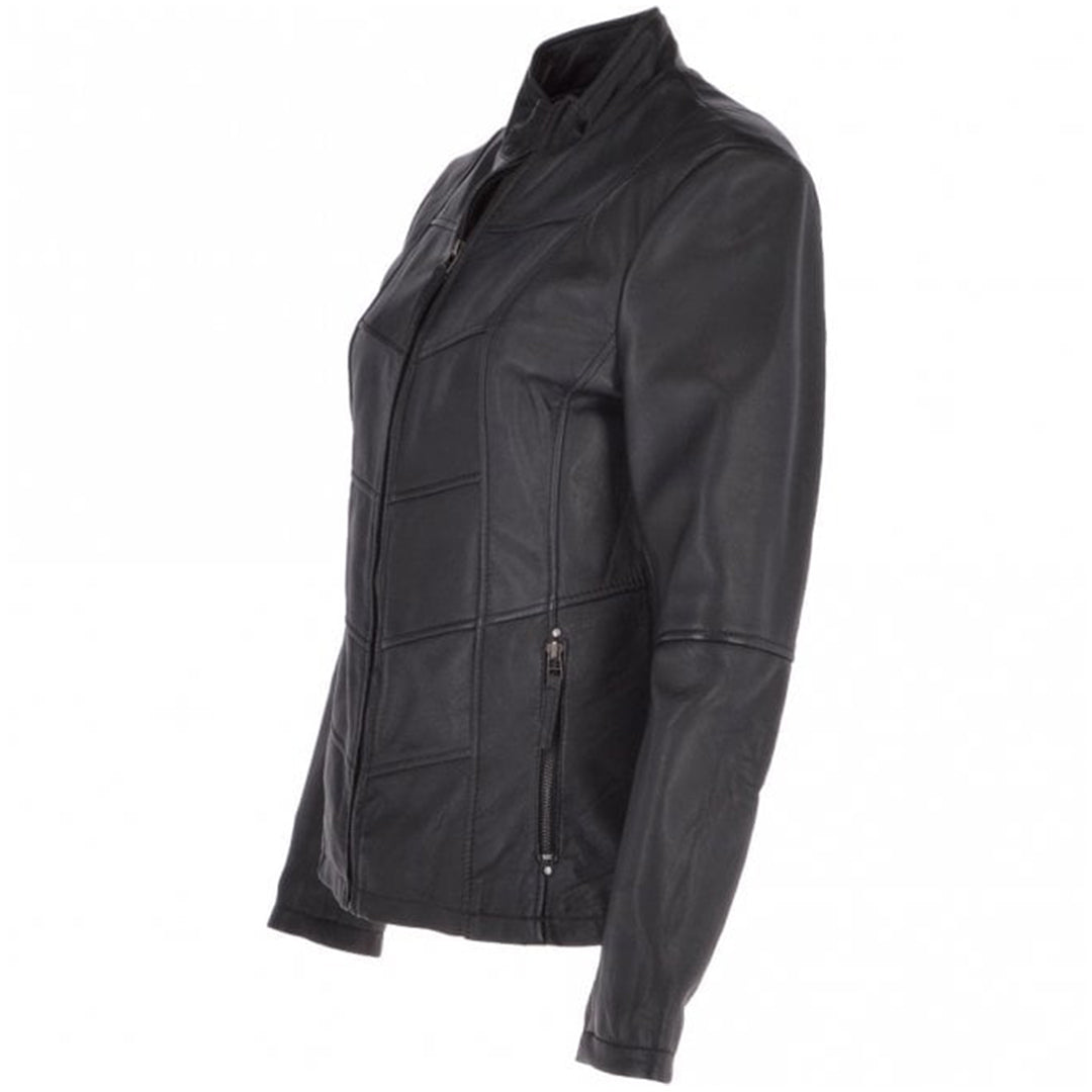 Women's Biker Style Leather Jacket With Zip Front & Stand Collar | Black