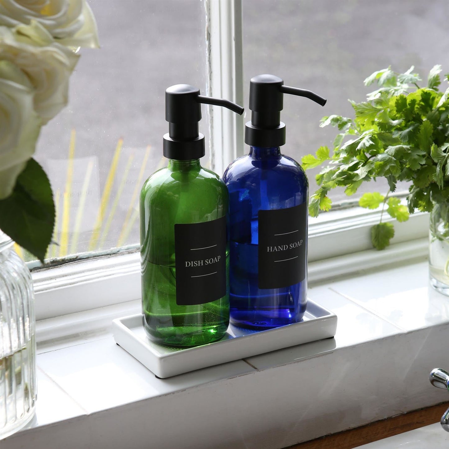 2pc 500ml Green Glass Soap Dispenser with Black Labels & Ceramic Tray