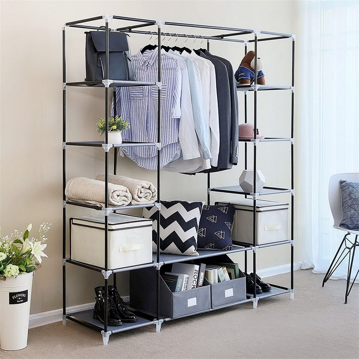 69" Portable Clothes Closet Wardrobe Storage Organizer with Non-Woven Fabric Quick and Easy to Assemble Extra Strong and Durable Black