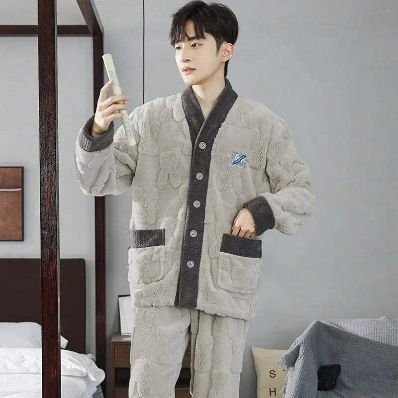 2025 Men’s Thicken Warm Pajamas Sets – Flannel 2-Piece Sleepwear for Autumn & Winter
