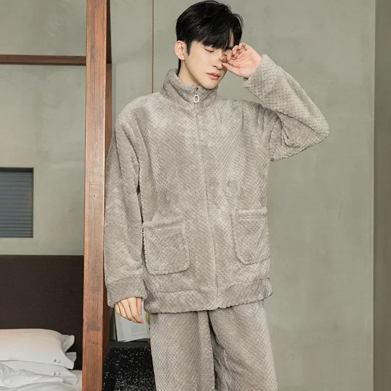 2025 Men’s Thicken Warm Pajamas Sets – Flannel 2-Piece Sleepwear for Autumn & Winter
