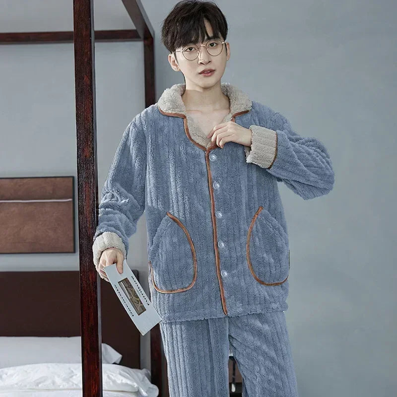 2025 Men’s Thicken Warm Pajamas Sets – Flannel 2-Piece Sleepwear for Autumn & Winter