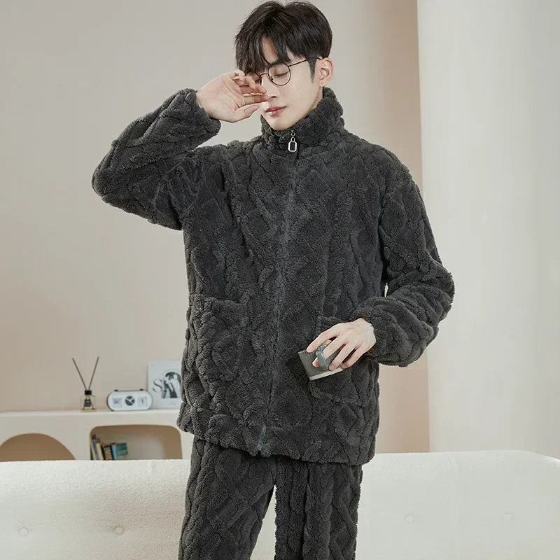 2025 Men’s Thicken Warm Pajamas Sets – Flannel 2-Piece Sleepwear for Autumn & Winter