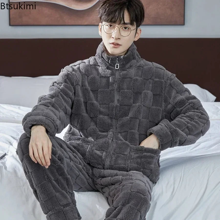 2025 Men’s Thicken Warm Pajamas Sets – Flannel 2-Piece Sleepwear for Autumn & Winter