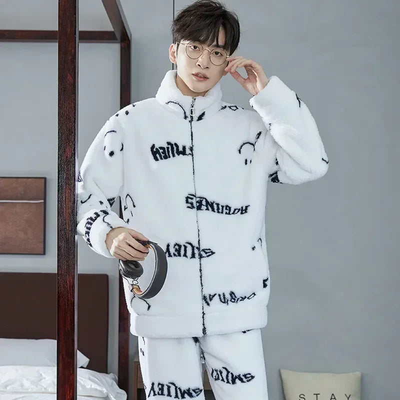2025 Men’s Thicken Warm Pajamas Sets – Flannel 2-Piece Sleepwear for Autumn & Winter