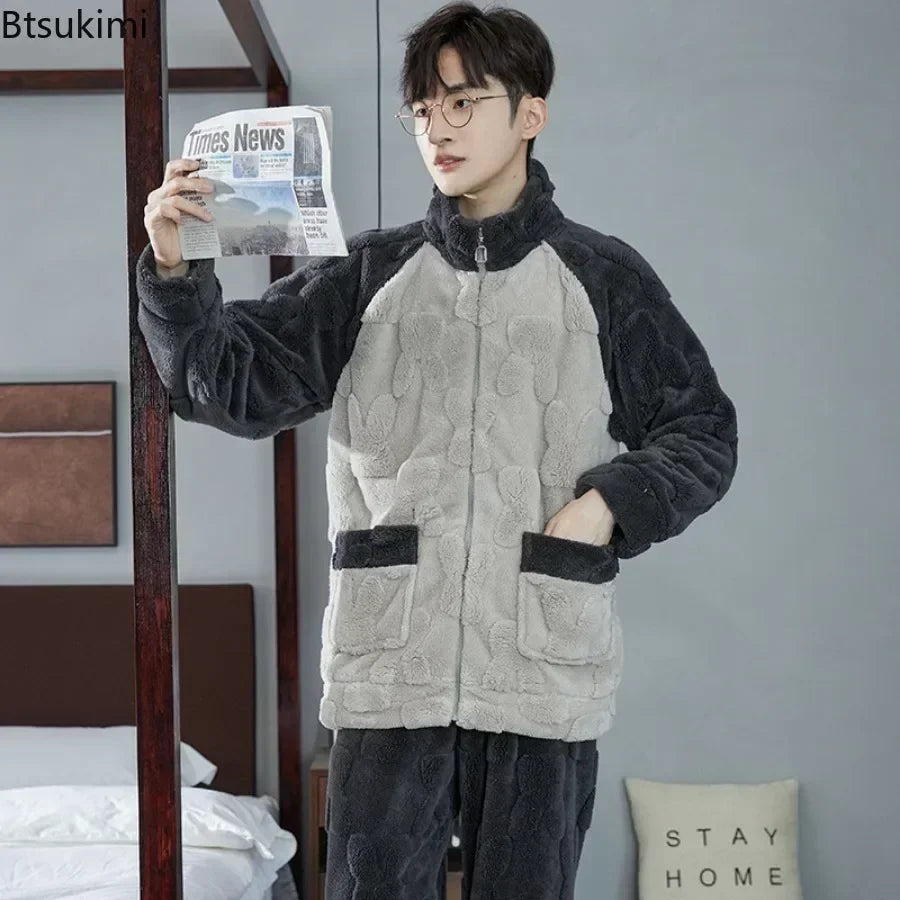 2025 Men’s Thicken Warm Pajamas Sets – Flannel 2-Piece Sleepwear for Autumn & Winter