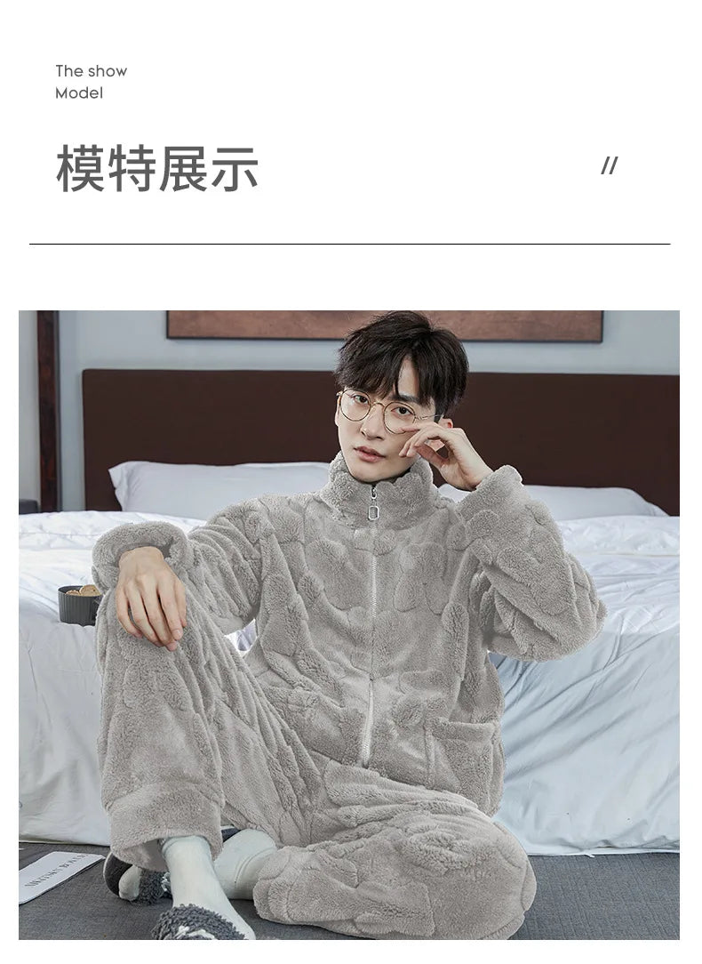 2025 Men’s Thicken Warm Pajamas Sets – Flannel 2-Piece Sleepwear for Autumn & Winter