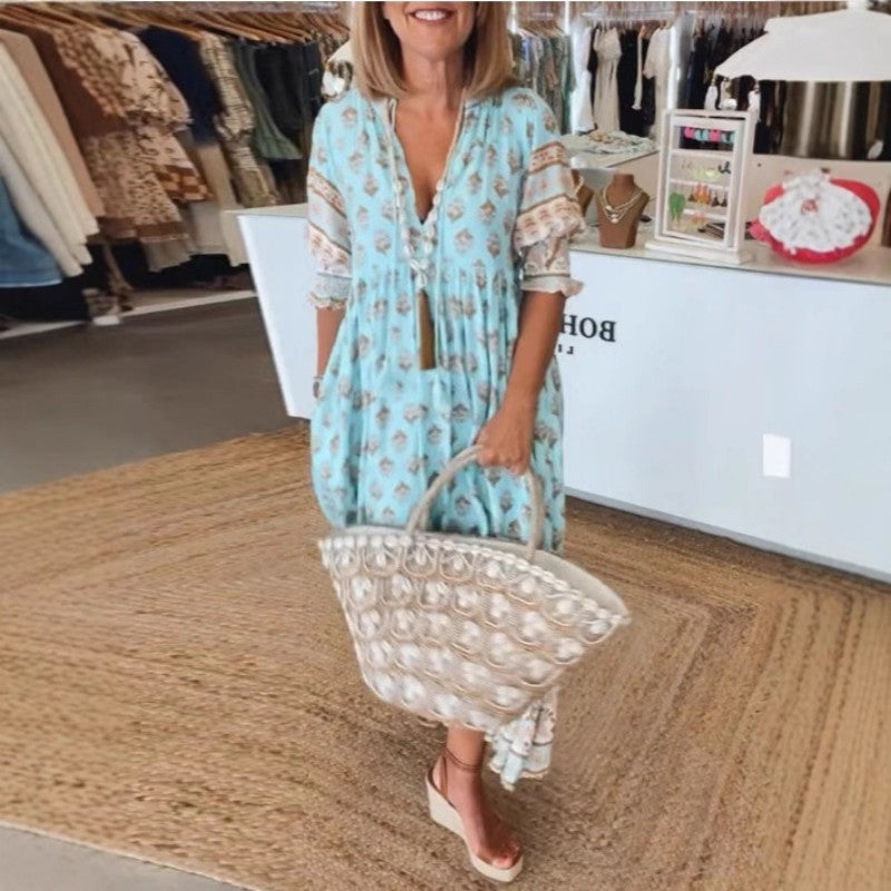 V-neck Lantern Sleeve Dress