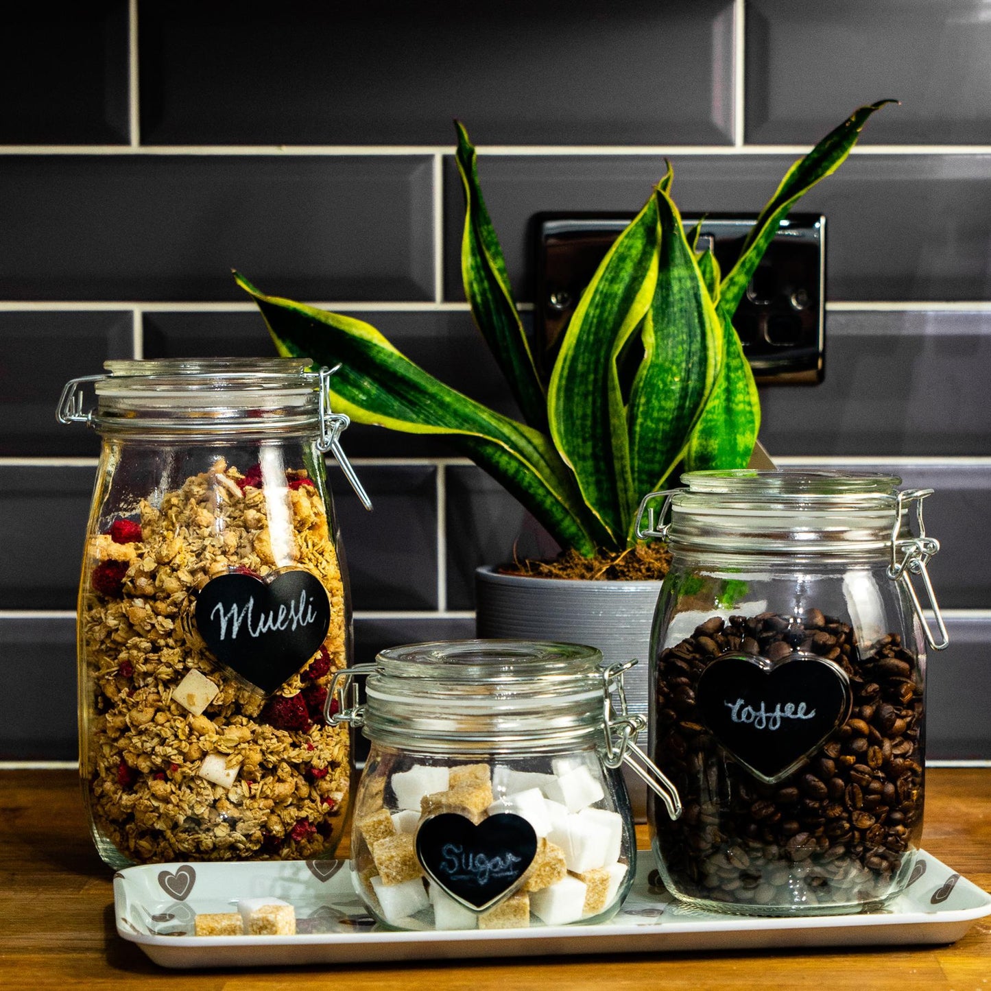 500ml Air tight Overnight oats Glass Storage Jar with Embossed Heart Detail & Label - Pack of Six