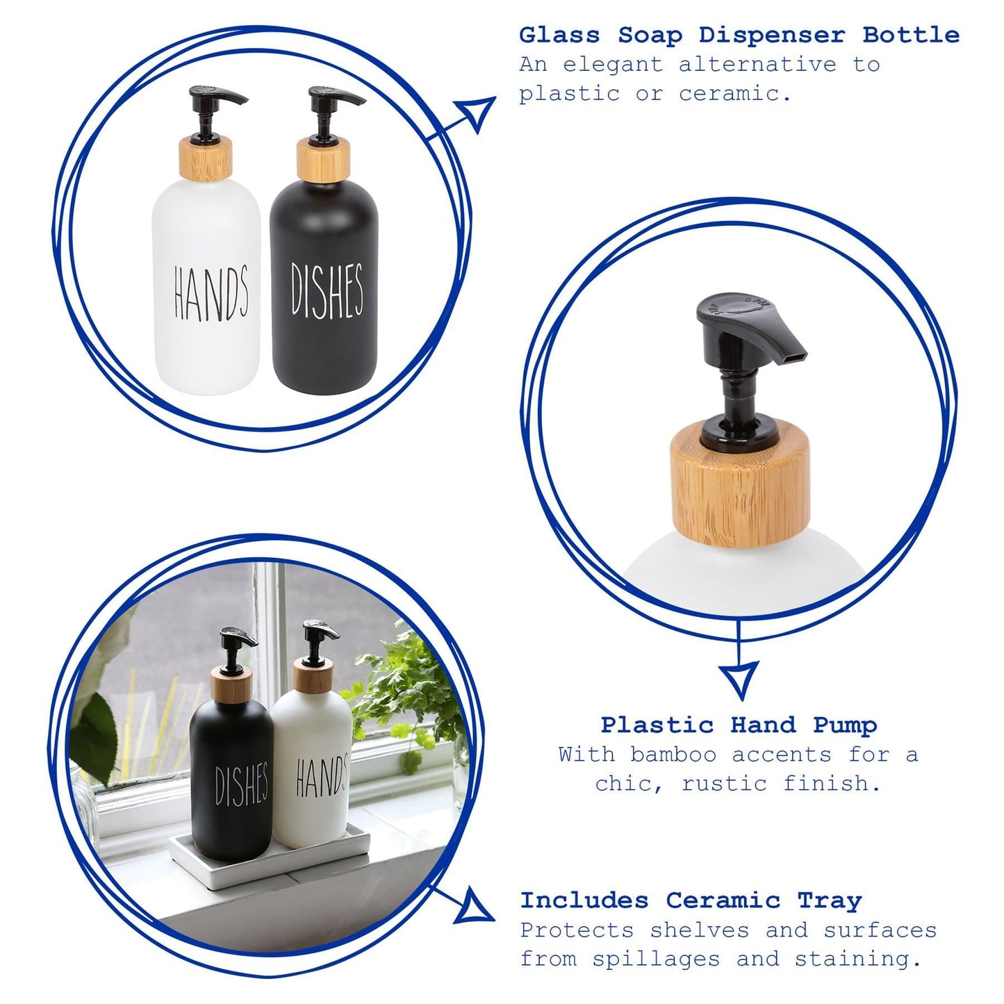 2pc 500ml Black & White Glass Hand & Dish Soap Dispenser Set with Ceramic Tray