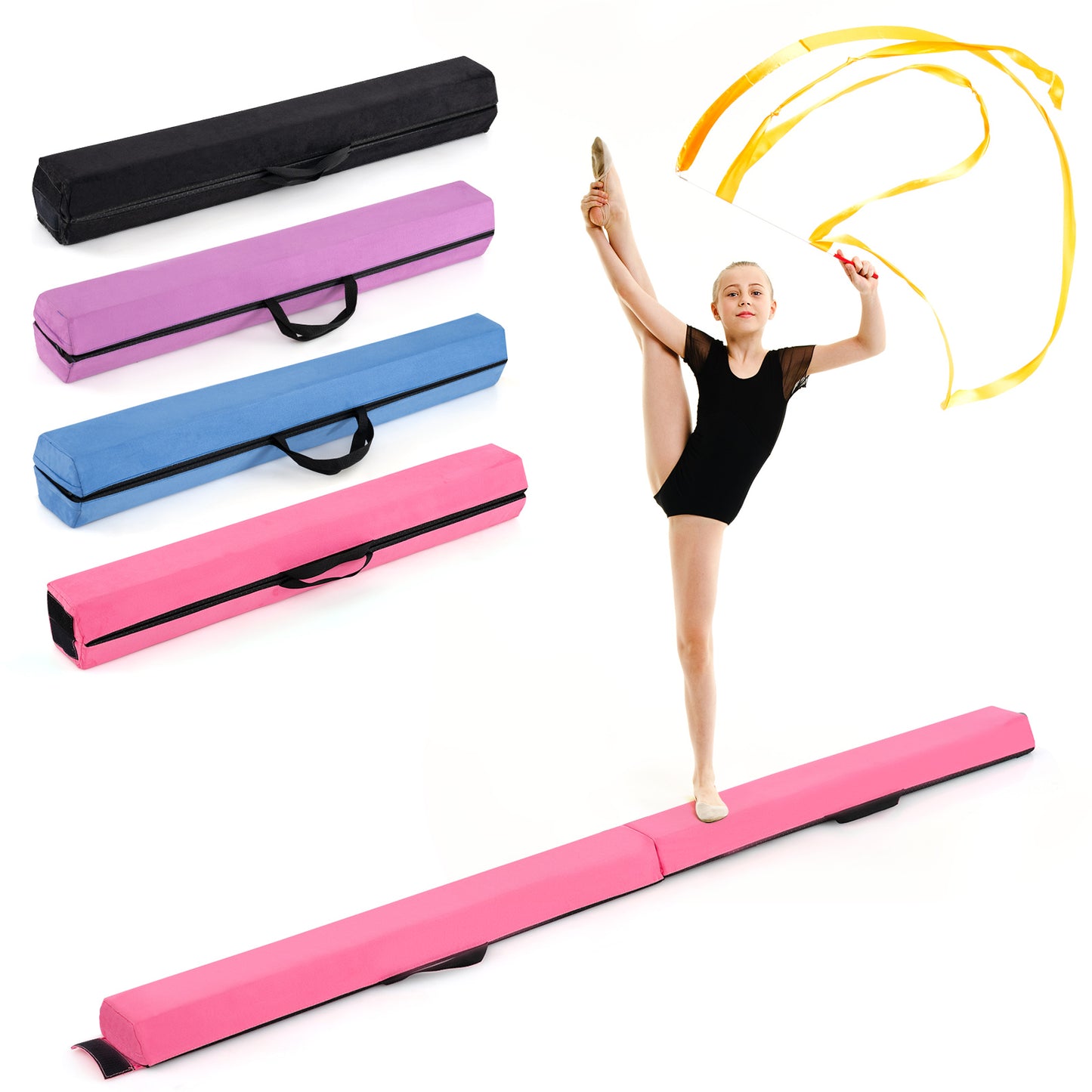 210 CM Folding Balance Beam with Removable Suede Cover and Non-slip Bottom for Kids-Black