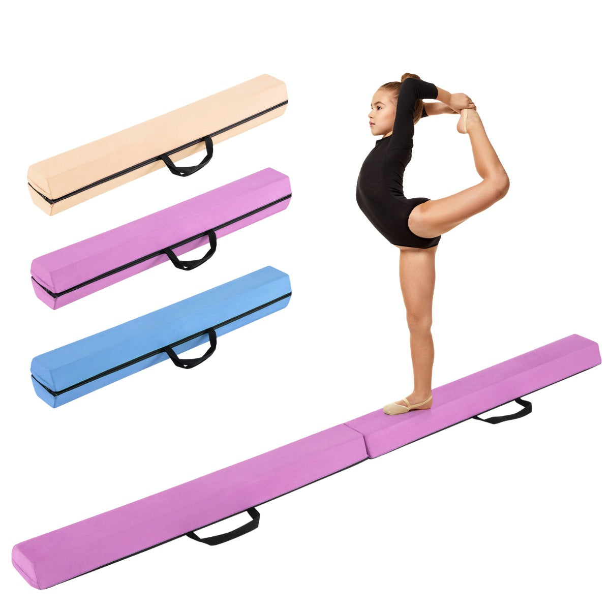 210 CM Folding Balance Beam with Removable Suede Cover and Non-slip Bottom for Kids-Black