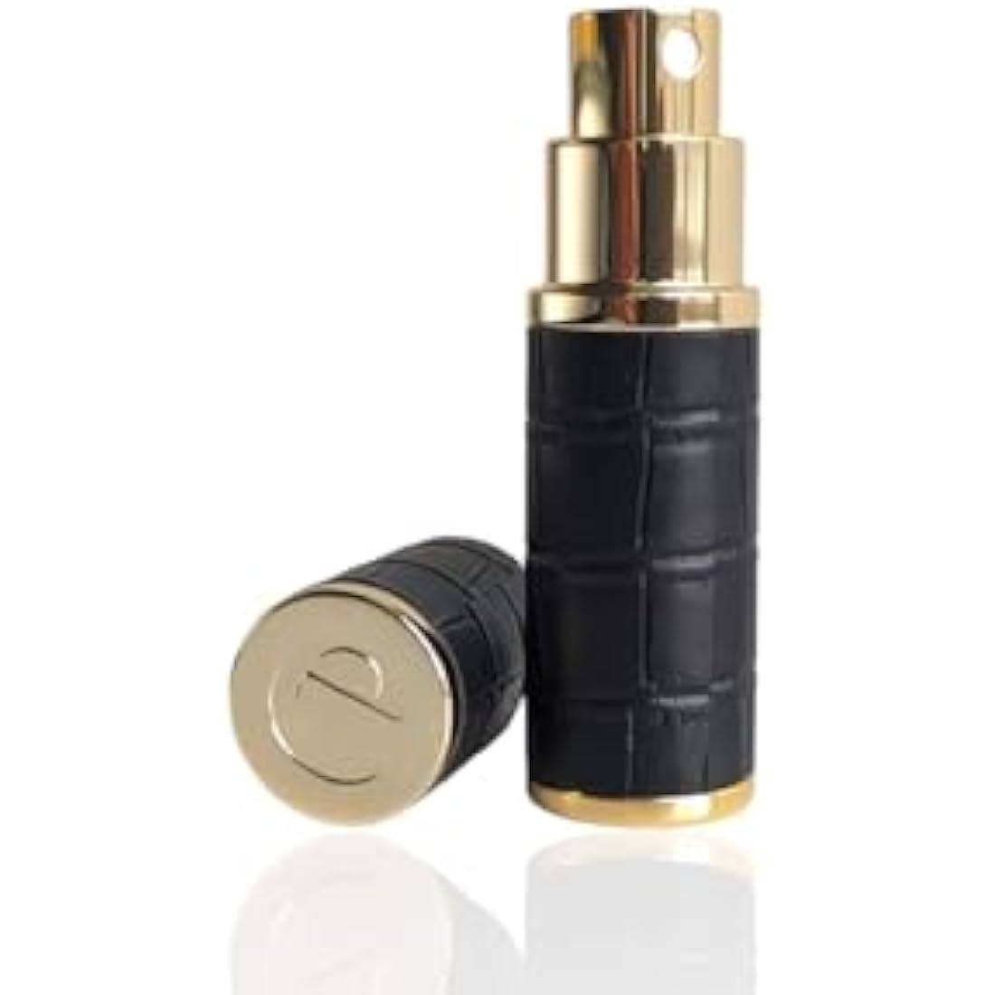 The Essential Atomizer Co Faux Croc Refillable Perfume Fragrance Travel Atomiser inc funnel & box (Black w Gold Metal)