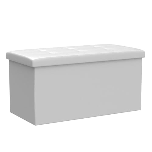 BRIAN & DANY Ottoman Footstools Folding Storage Box with Lid, Large Storage Seat Faux Leather Footstool Toy Storage Box, White, 76 x 38 x 38 cm
