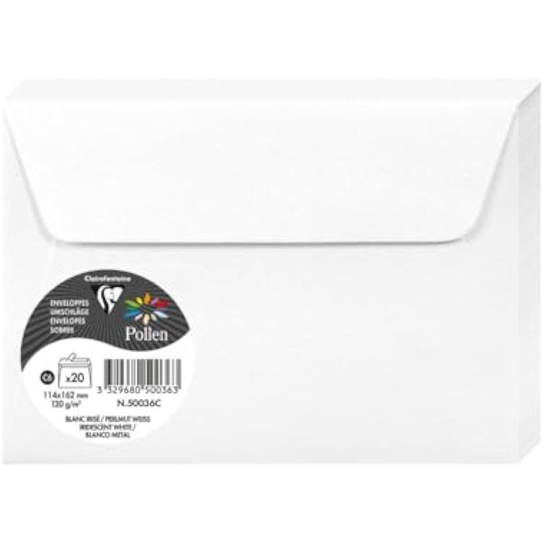Clairefontaine - Ref 50036C - Pollen Iridescent Adhesive Envelopes (Pack of 20) - C6 (114 x 162mm) in Size, 120gsm Paper, Easy-to-Peel Adhesive Strip - White