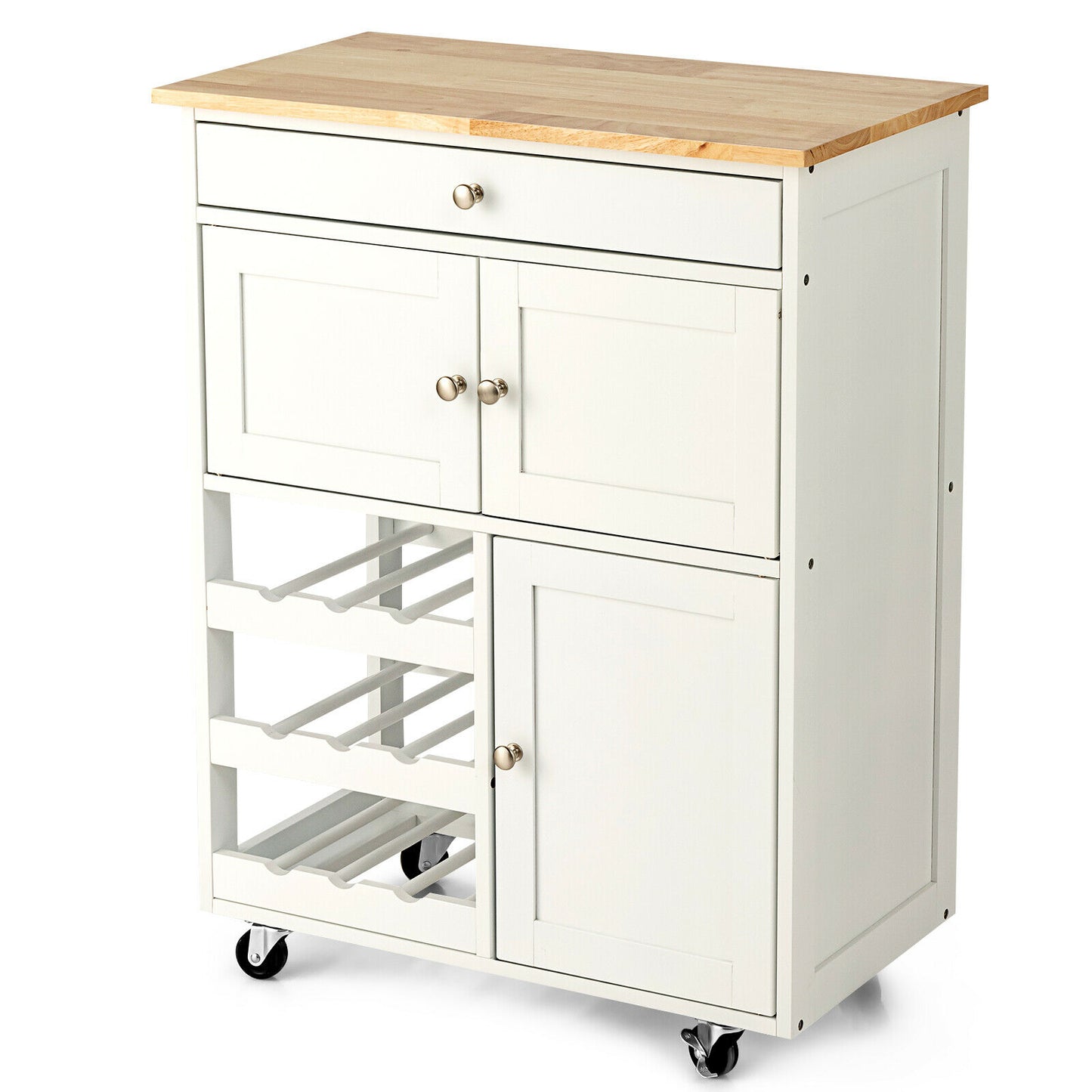 Rolling Kitchen Cart with 3 Tier Wine Racks and Cupboards-Brown