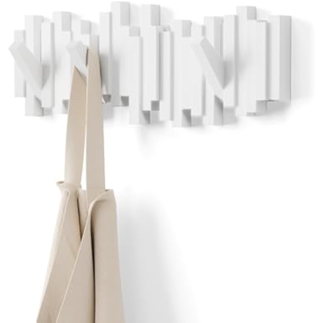 Umbra Sticks Multi Hook Coat Rack - Modern, Unique, Space-Saving Wall Mounted Coat Hanger with 5 Flip-Down Hooks for Hanging Coats, Scarves, Purses and More, White,19-1/8" x 7-1/8" x 1-1/8" h