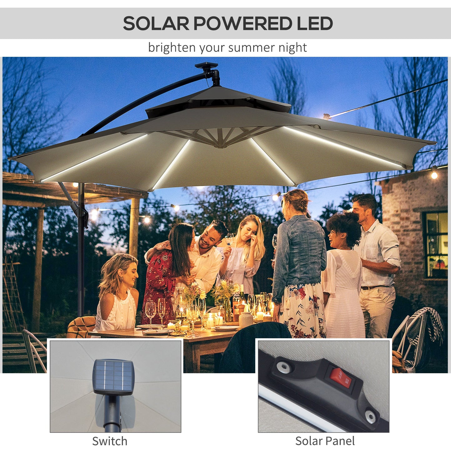 Outsunny 3(m) Cantilever Parasol Hanging Banana Umbrella w/ lights, Light Grey