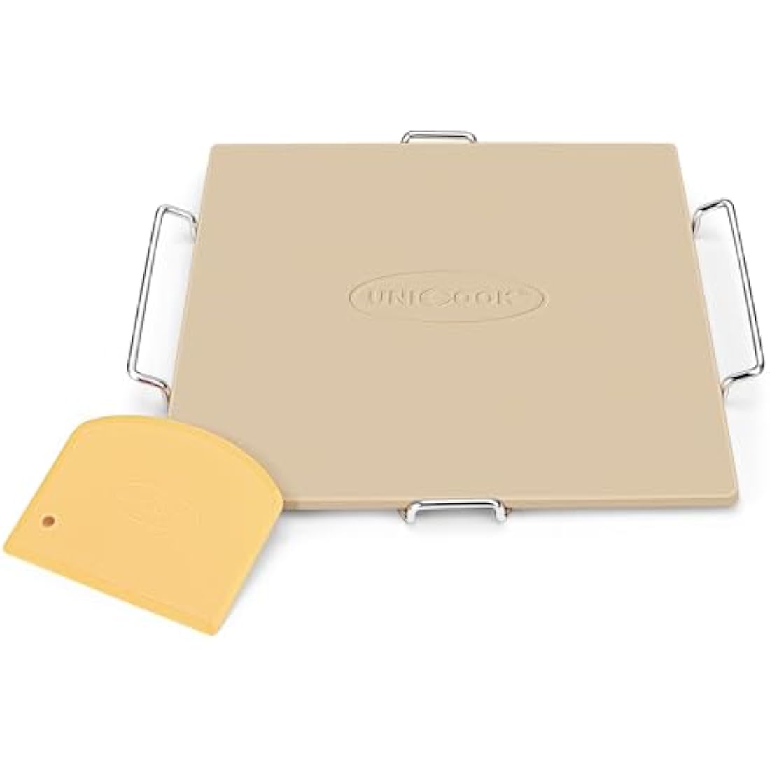 Unicook 30.5 x 30.5 cm Pizza Stone for Oven and Grill, Oven Baking Stone for Bread, Cordierite Pizza Pan for Baking Crispy Bread, Pie and Cookies, Includes Carry Rack and Dough Scraper