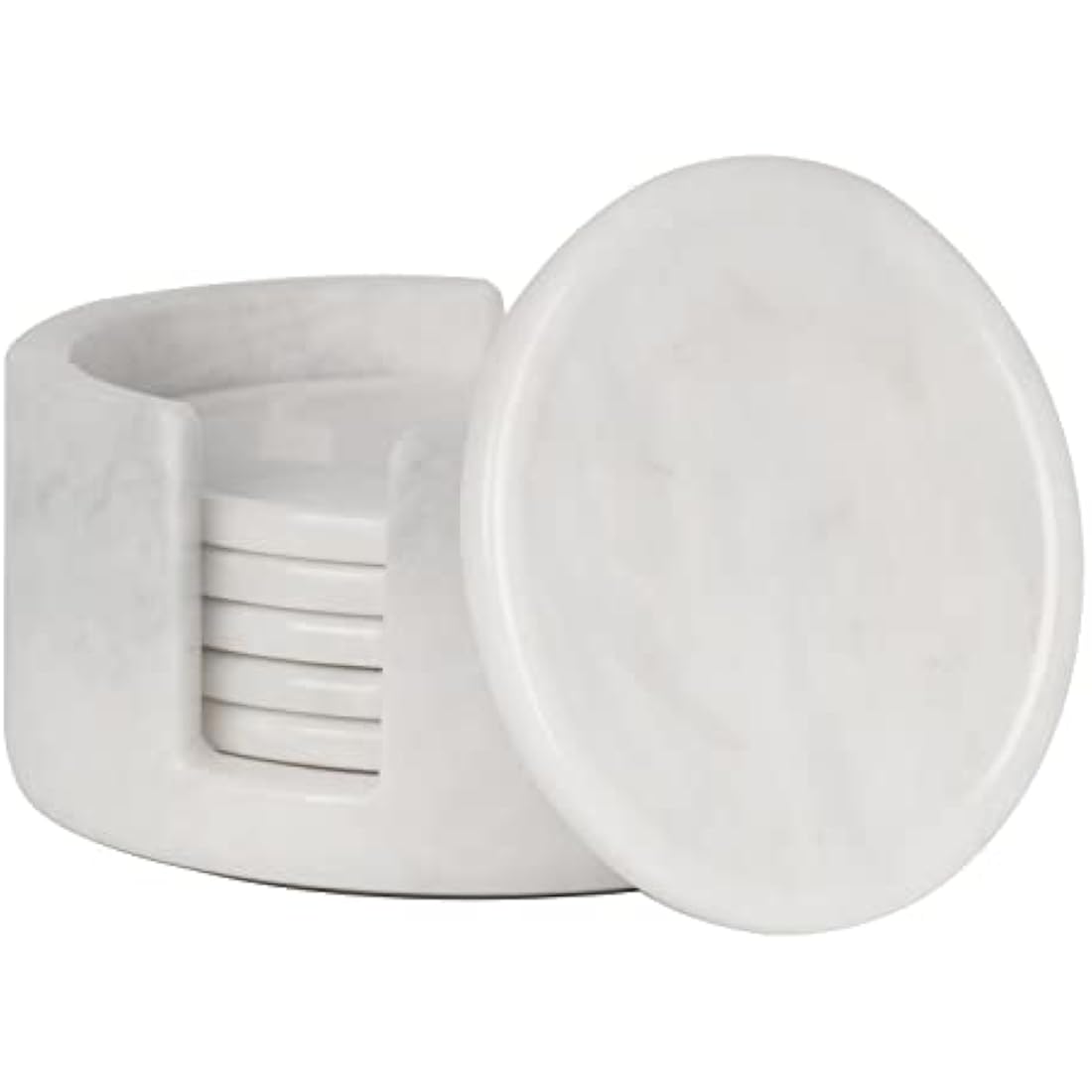 Radicaln Marble Coasters for Drinks - 3.5 Inch Set of 6 White Round Coasters with Holder - Perfect for Coffee Table & Home Office