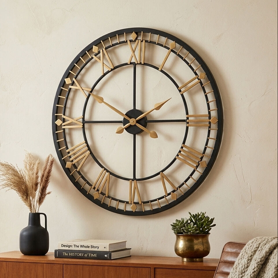 80cm Dia Black and Gold Metal Wall Clock | Vitus