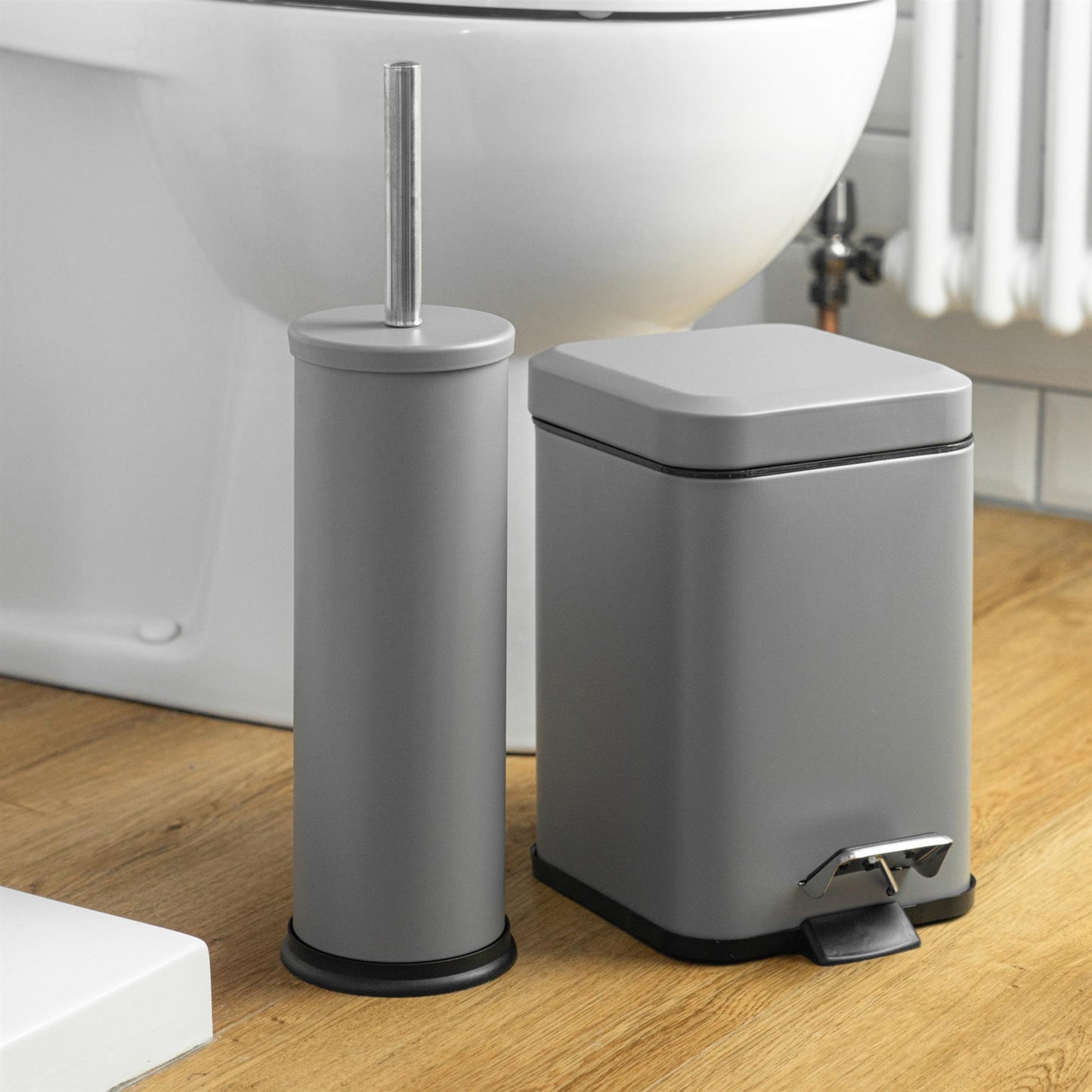 Matt Grey Round Toilet Brush & Square Bin Set
