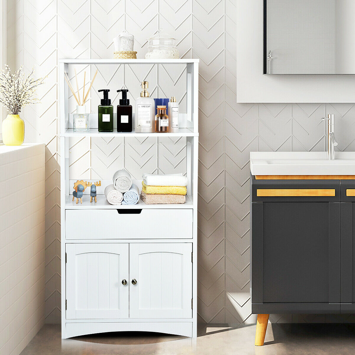 Multipurpose Storage Cabinet with Drawer for Bathroom-Black