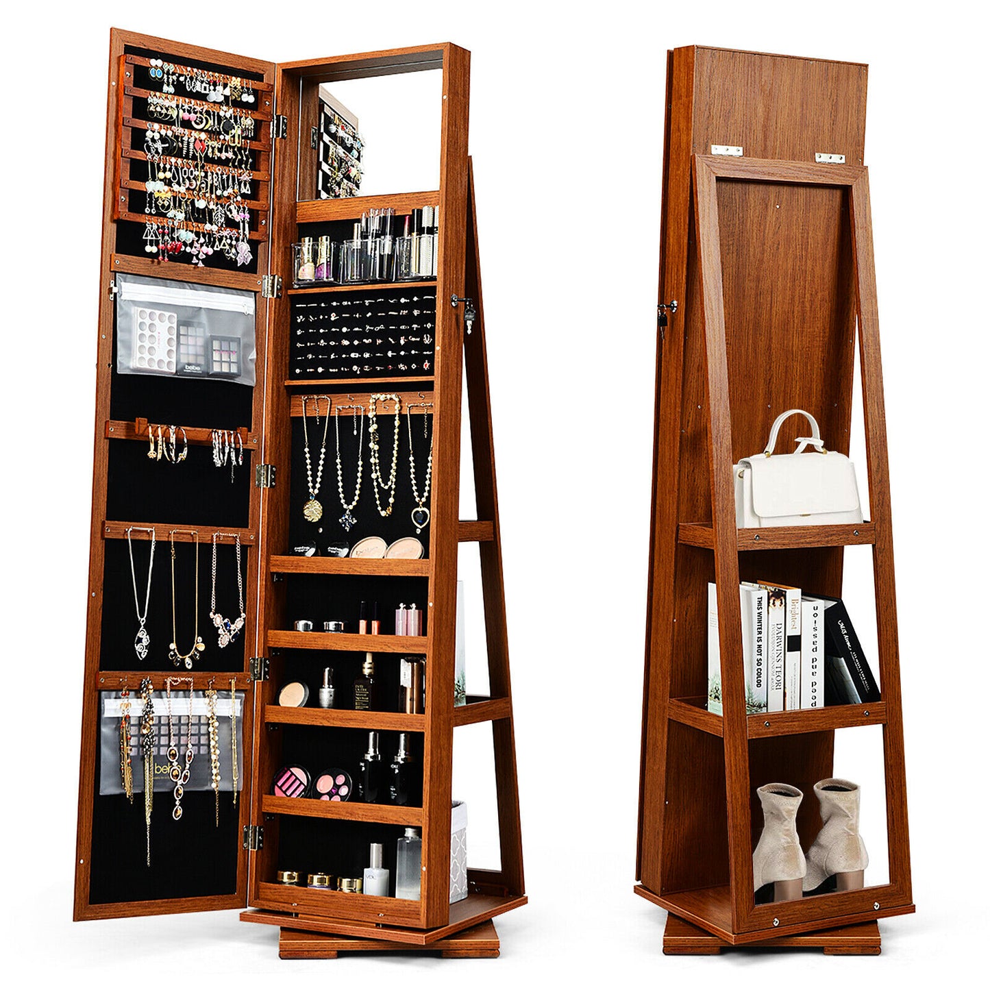 Full Length Mirrored Jewellery Cabinet Rotates 360° with Open Display Shelves-Brown