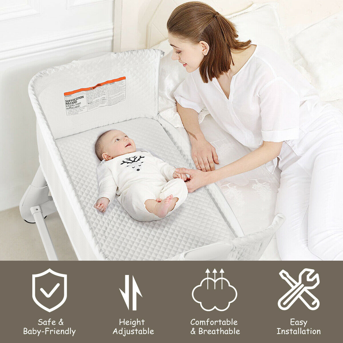 Baby Bedside with Washable Mattress and Breathable Mesh-Grey