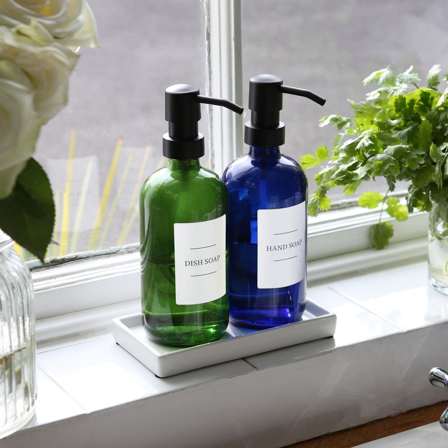 2pc 500ml Green Glass Soap Dispenser with White Labels & Ceramic Tray