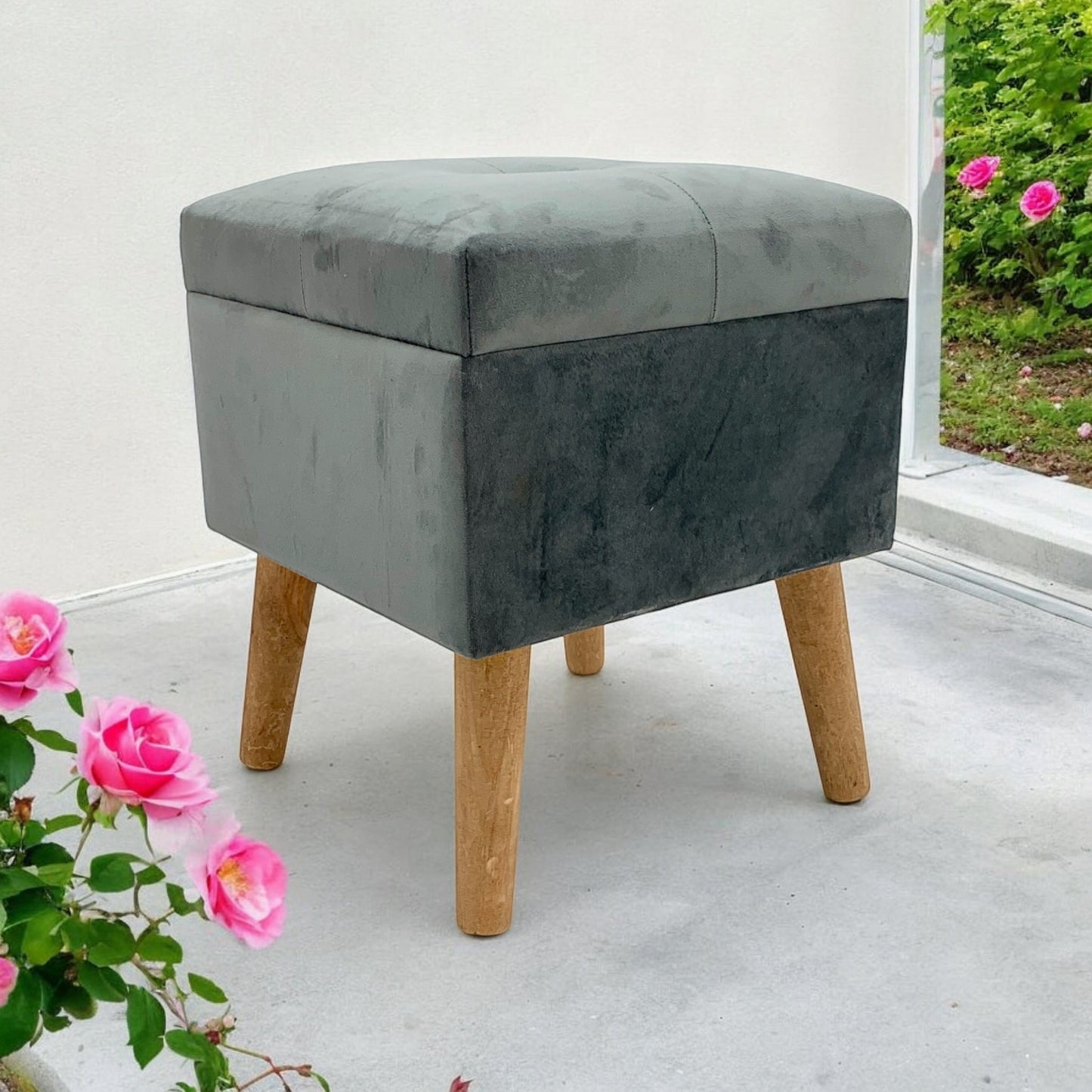 AcaciaHome Stylish & Durable Living Velvet Ottoman Footstool with Lift-Up Storage, Square Design, Traditional Pattern, Comfortable Medium Firmness for Living Room, Office or Lounge (Grey, Square)