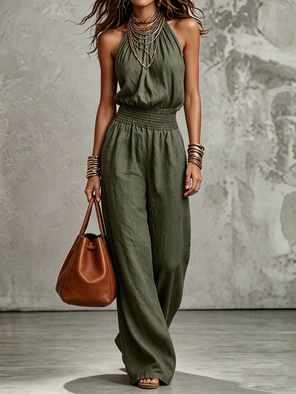 Womens Sleeveless Jumpsuit Backless Lace-up Halter Overall Pants Wide-leg Straight Onesie Trousers