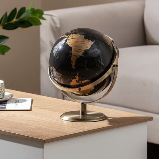 23CM Metallic Black World Globe with Metal Stand-Golden